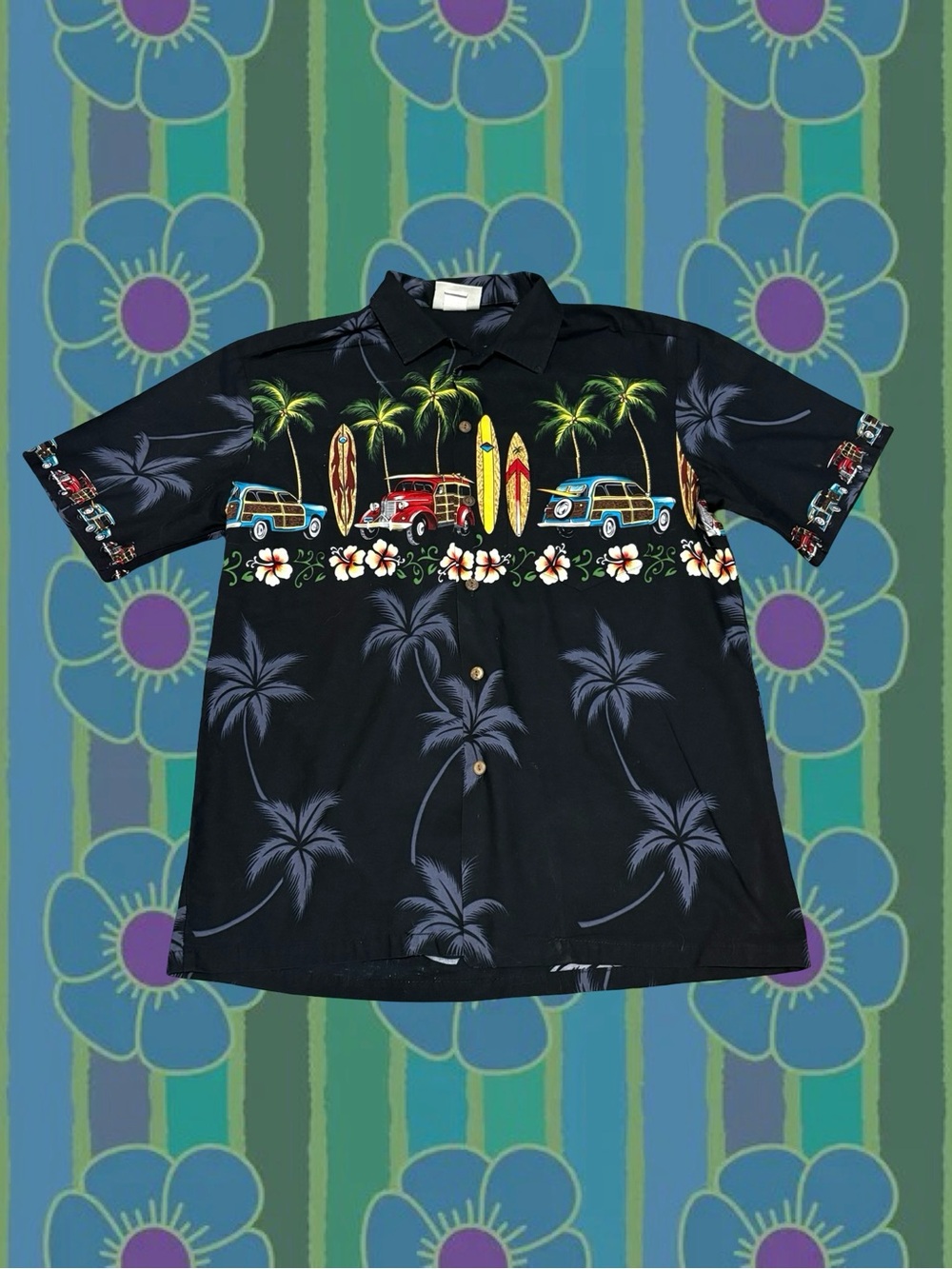Vintage 90s Black Hawaiian Button-Down Shirt with Multicolor Car Motif